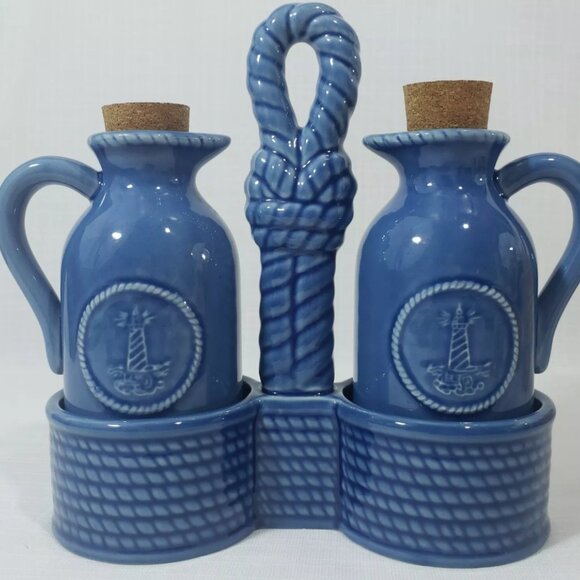 American Atelier Nautical Blue Oil & Vinegar Center Handled Tray Woven Pattern - Picture 4 of 6
